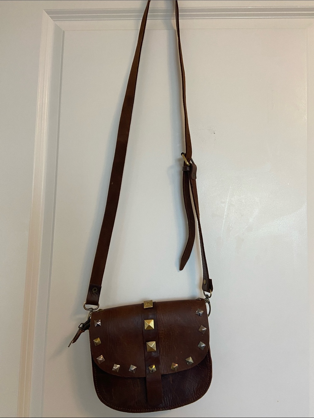 Brown Leather Studded Crossbody Bag